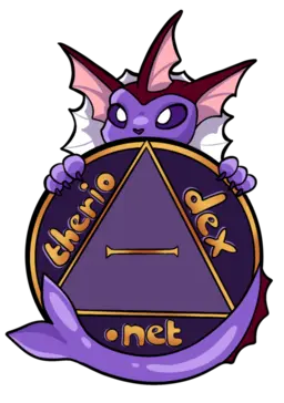 The Theriodex logo which consists of a purple Vaporeon holding and clutching around a coin-shaped sign that has theriodex.net written on it